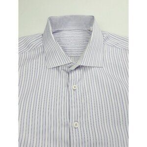 Bugatchi Uomo Size 18.5 34-35 Mens Lavender White Stripe Spread Collar L/S Shirt